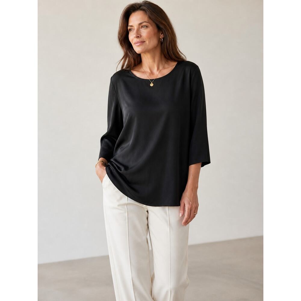 Porto Women's Black 3/4 Sleeve 100% Silk Tunic Top Size S Oversized Sustainable